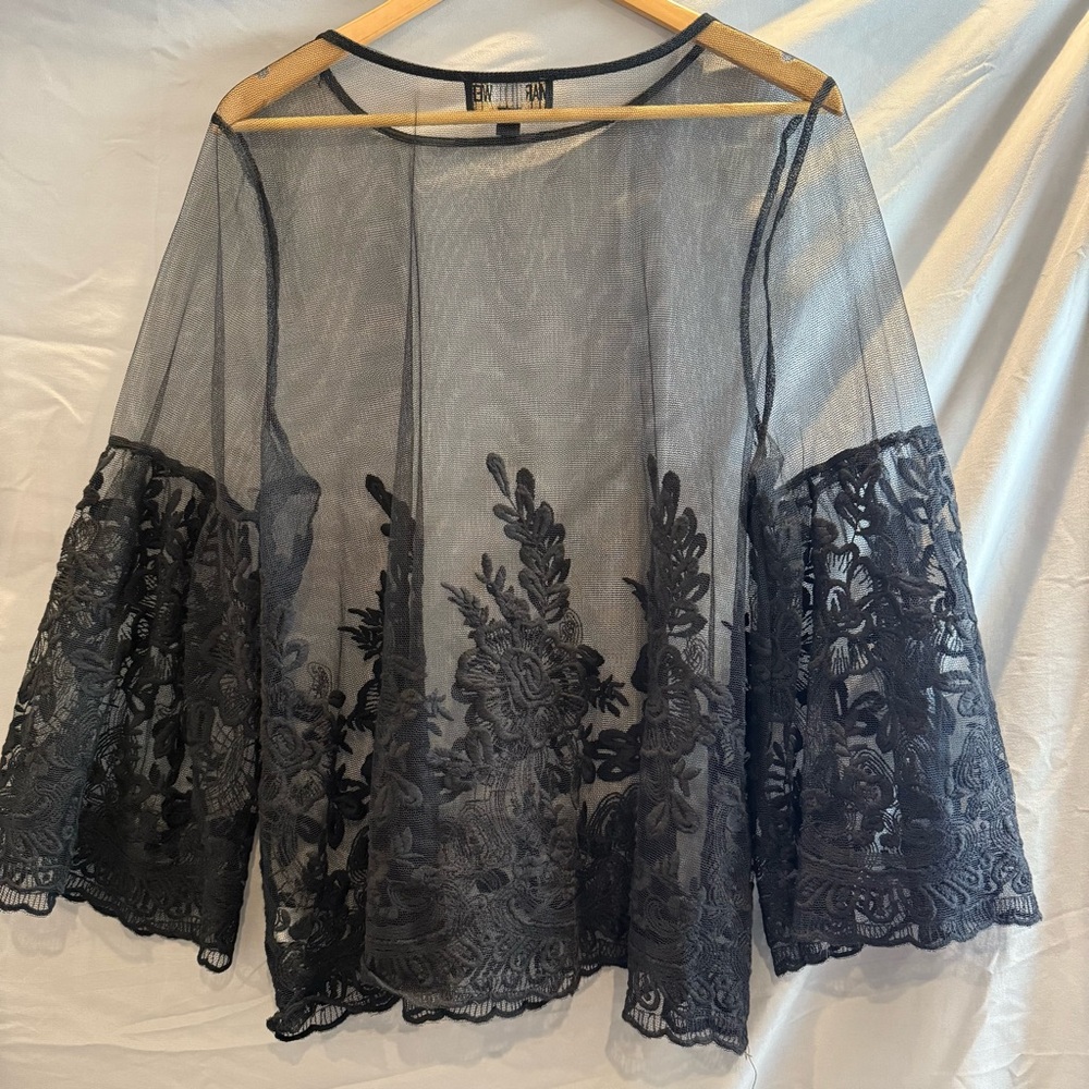 Marc Bouwer Black Sheer and Floral Lace Blouse Women’s XL - Picture 10 of 11